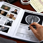 **Image Prompt:** A forensic psychologist intensely analyzing crime scene photos and suspect profiles, surrounded by files and research materials. Focus on the intellectual effort and detailed process of psychological profiling.