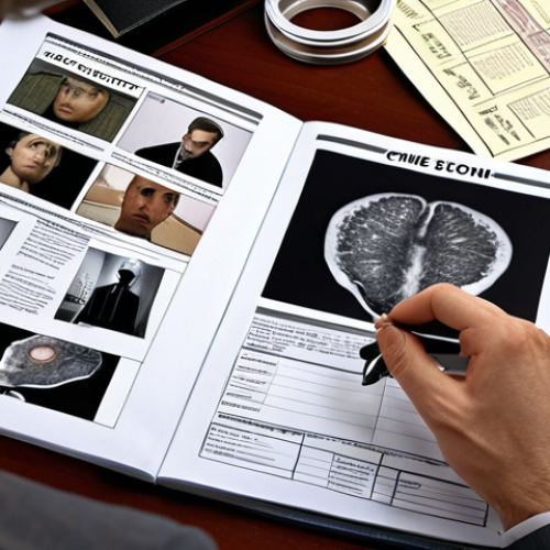 Home 15 **Image Prompt:** A forensic psychologist intensely analyzing crime scene photos and suspect profiles, surrounded by files and research materials. Focus on the intellectual effort and detailed process of psychological profiling.