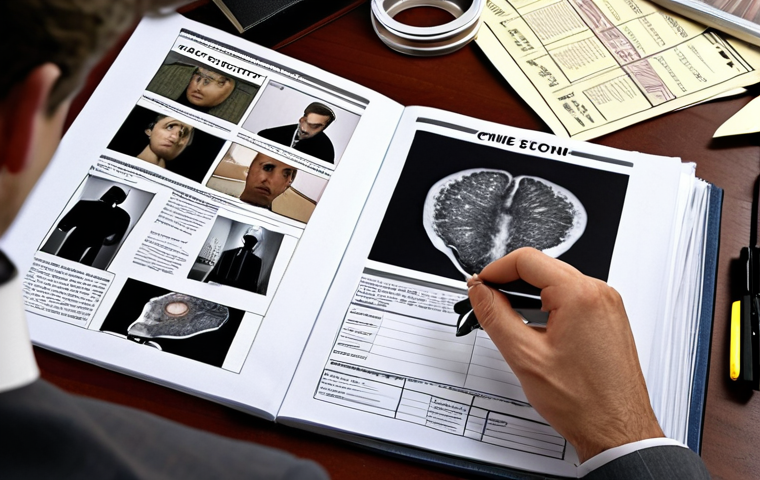 **Image Prompt:** A forensic psychologist intensely analyzing crime scene photos and suspect profiles, surrounded by files and research materials. Focus on the intellectual effort and detailed process of psychological profiling.