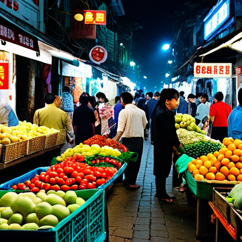 **Image:** A bustling street market in Hanoi at night. Focus on the vibrant colors of fruits and vegetables, but subtly hint at hidden packages, possibly suggesting drug smuggling. Emphasize the contrast between everyday life and the clandestine nature of the crime.