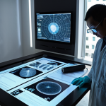 A highly detailed, cinematic shot of a modern forensic expert meticulously reconstructing a crime scene inside a contemporary apartment in Ho Chi Minh City. The expert, wearing gloves, interacts with a large, translucent holographic display showing a precise 3D model of the room, complete with interactive data points, simulated blood spatter analysis, and projected light paths. In the background, a sleek 3D laser scanner is active, casting soft light. Traditional physical evidence bags and a magnifying glass are visible on a nearby table, juxtaposed against a tablet displaying complex digital forensics data. The scene should convey intense focus, the seamless integration of high technology with traditional methods, and a sense of uncovering hidden truths. Volumetric lighting, photorealistic rendering.