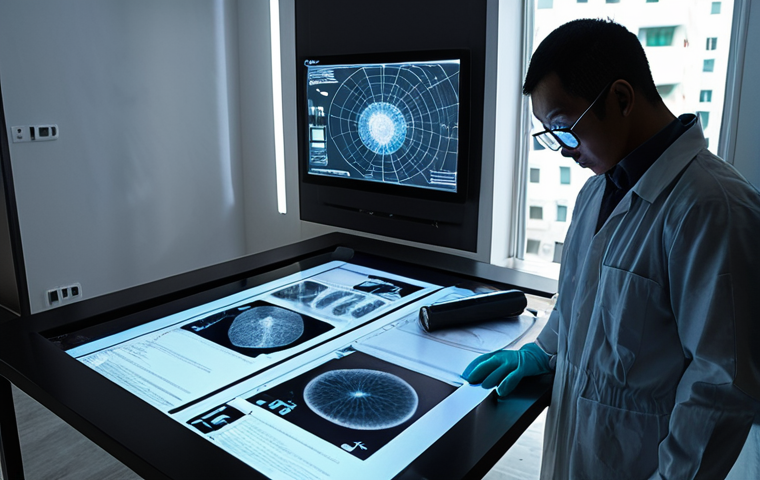 A highly detailed, cinematic shot of a modern forensic expert meticulously reconstructing a crime scene inside a contemporary apartment in Ho Chi Minh City. The expert, wearing gloves, interacts with a large, translucent holographic display showing a precise 3D model of the room, complete with interactive data points, simulated blood spatter analysis, and projected light paths. In the background, a sleek 3D laser scanner is active, casting soft light. Traditional physical evidence bags and a magnifying glass are visible on a nearby table, juxtaposed against a tablet displaying complex digital forensics data. The scene should convey intense focus, the seamless integration of high technology with traditional methods, and a sense of uncovering hidden truths. Volumetric lighting, photorealistic rendering.