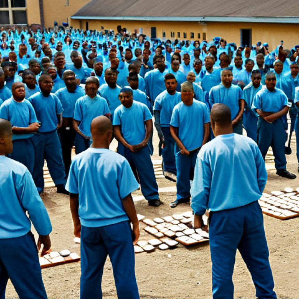 **Image Prompt:** A crowded prison yard scene, showing inmates in modest prison uniforms participating in various activities like playing dominoes or exercising. Focus on capturing the atmosphere and social dynamics, not violence. "Safe for work," "appropriate content," "fully clothed," "professional," "natural proportions," "perfect anatomy," "high quality."
