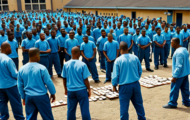 **Image Prompt:** A crowded prison yard scene, showing inmates in modest prison uniforms participating in various activities like playing dominoes or exercising. Focus on capturing the atmosphere and social dynamics, not violence. "Safe for work," "appropriate content," "fully clothed," "professional," "natural proportions," "perfect anatomy," "high quality."