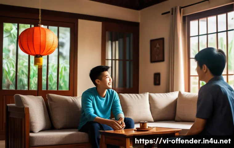소년 범죄자의 보호관찰 제도 - A warm and supportive family scene in a Vietnamese household, featuring a teenage boy wearing casual...