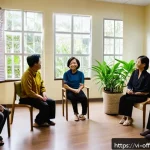 Home 19 범죄 가해자 심리치료 효과 연구 - A serene therapy room inside a Vietnamese rehabilitation center, featuring a diverse group therapy s...