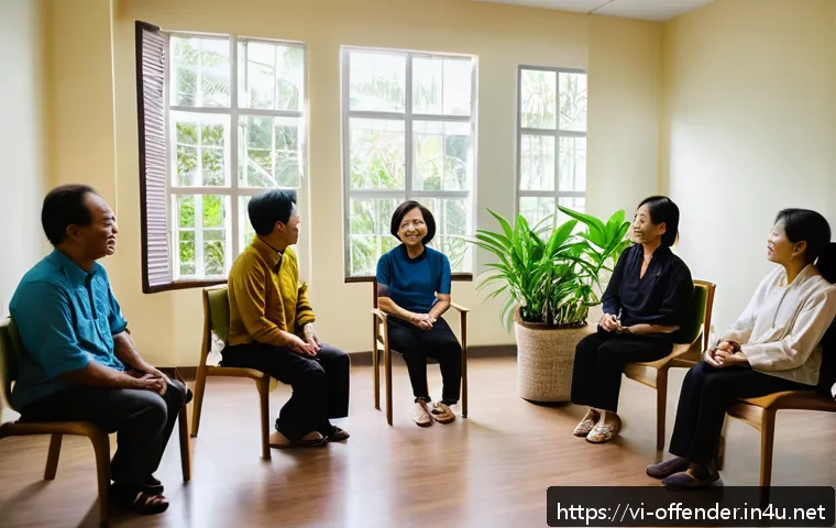 범죄 가해자 심리치료 효과 연구 - A serene therapy room inside a Vietnamese rehabilitation center, featuring a diverse group therapy s...