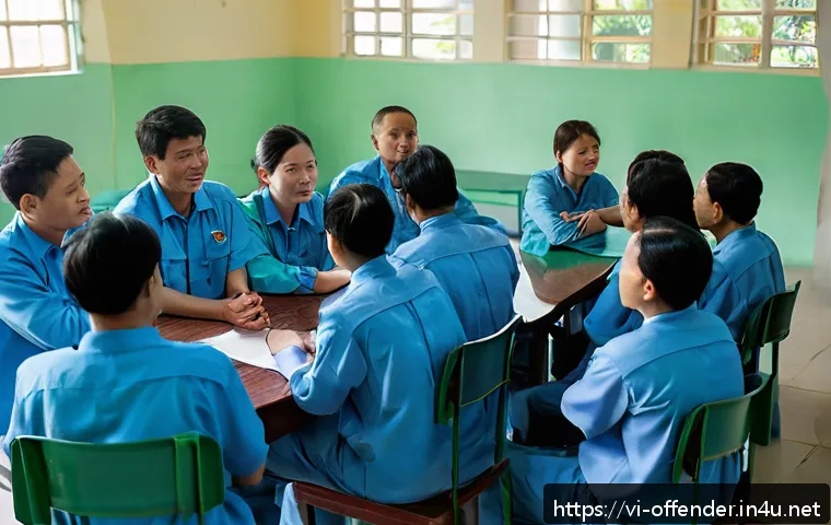교정시설 내 범죄 재발 방지 프로그램 - A diverse group of Vietnamese adult inmates participating in a communication skills training session...