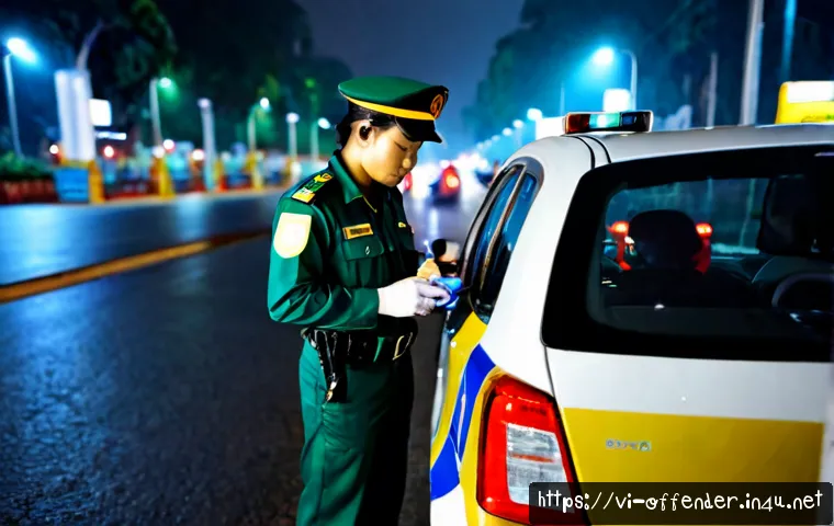 음주운전 가해자의 법적 처벌 기준 - Photorealistic nighttime traffic checkpoint in a modern Vietnamese city, a uniformed traffic police ...