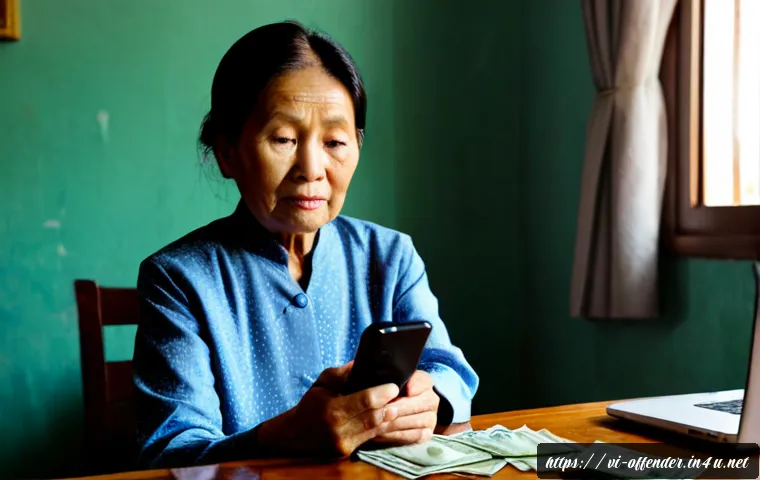 지능 범죄 가해자의 범행 수법 - Photorealistic Vietnamese family home, an elderly Vietnamese woman seated at a tidy table holding a ...