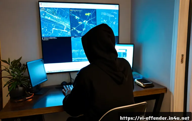 범죄 가해자의 인터넷 활동 패턴 - Photorealistic cybercrime awareness scene in a modest modern Vietnamese apartment at night, anonymou...