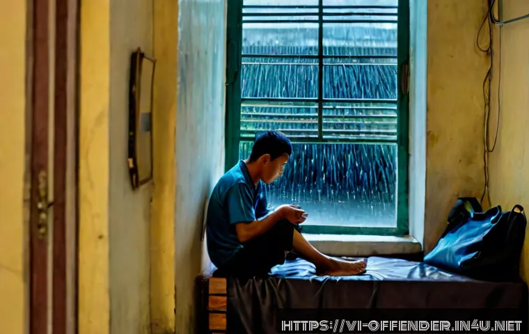 Home 17 범죄자의 도피 생활 연구 - Photorealistic editorial scene illustrating the isolation of a fugitive lifestyle: a worried adult m...