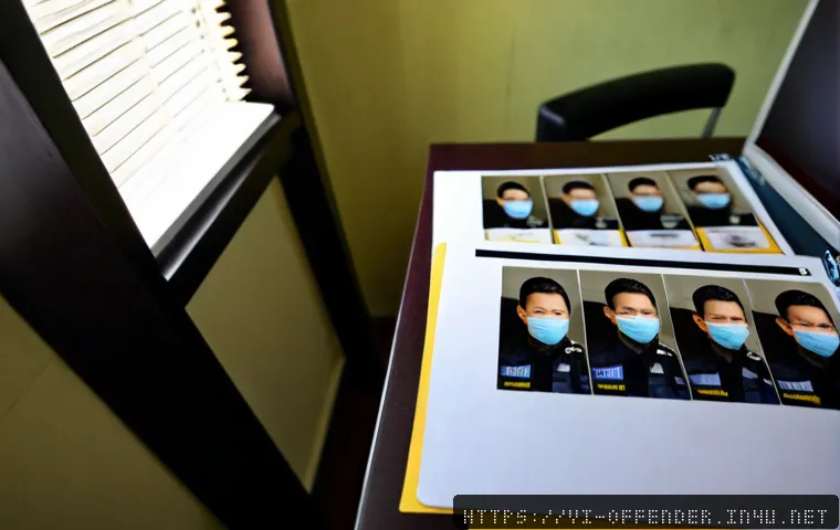범죄자의 인상착의 분석 기법 - Photorealistic Vietnamese police investigator in a modern Hanoi forensic office, carefully comparing...